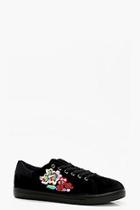 Boohoo Alice Lace Up Embroidered Velvet Trainers