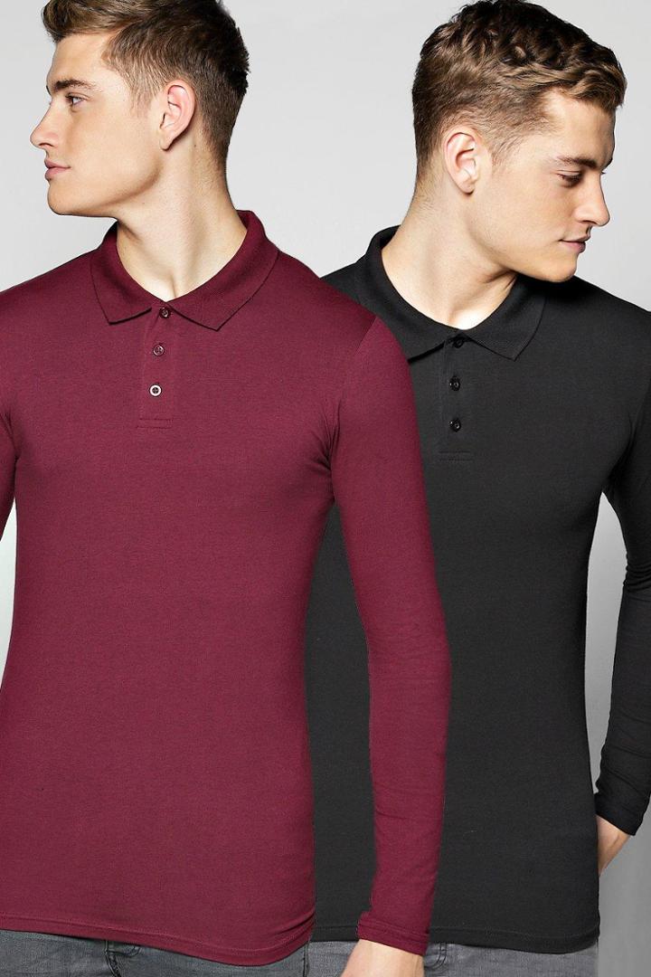Boohoo Long Sleeve Muscle Fit Polo 2 Pack Multi