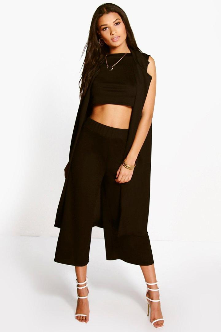 Boohoo Misa 3 Piece Crop Culotte & Duster Co-ord Set Black