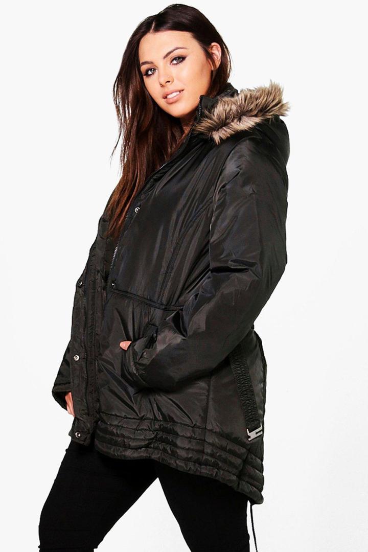 Boohoo Plus Hollie Faux Fur Trim Parka Coat Khaki