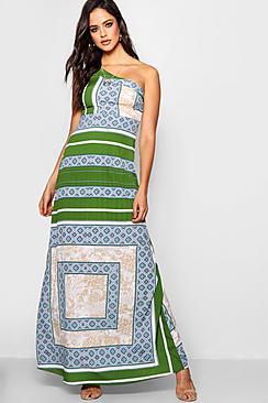 Boohoo Tall Eleanor One Shoulder Scarf Print Maxi Dress