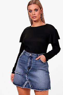 Boohoo Plus Sara Ruffle Shoulder Ribbed Jumper