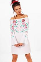 Boohoo Imogen Off Shoulder Printed Embroidery Shift Dress
