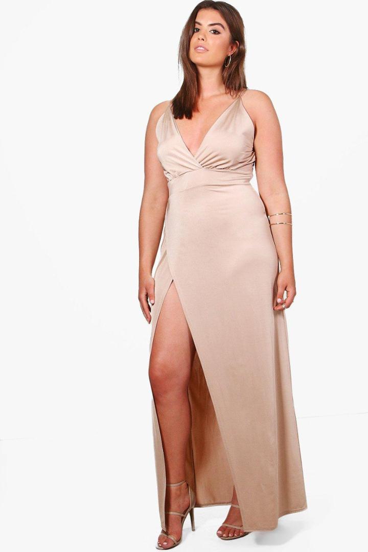 Boohoo Plus Lily Slinky Plunge Maxi Dress Sand