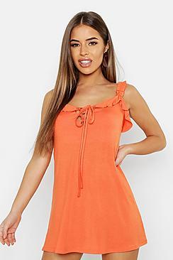 Boohoo Petite Ruched Strap Skater Dress