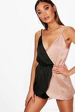 Boohoo Nina Satin Cami Wrap Over Playsuit