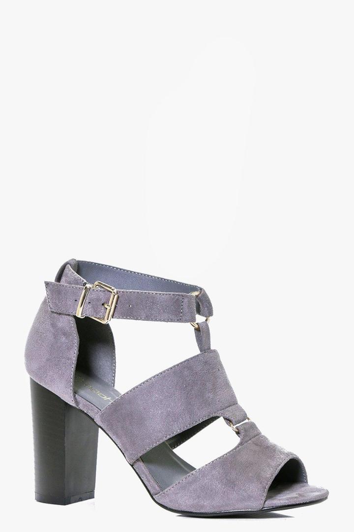 Boohoo Tegan Peeptoe Cut Work Block Heel Grey