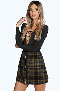 Boohoo Avah Tartan Zip Front A Line Mini Skirt