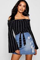 Boohoo Petite Jemima Pin Stripe Frill Edge Knot Bardot Top