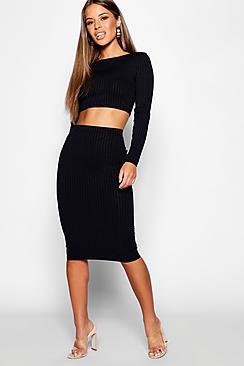 Boohoo Petite Rib Long Sleeve Midi Skirt Co-ord