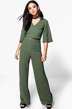 Boohoo Willow Choker Crop & Wide Leg Trouser Co-ord