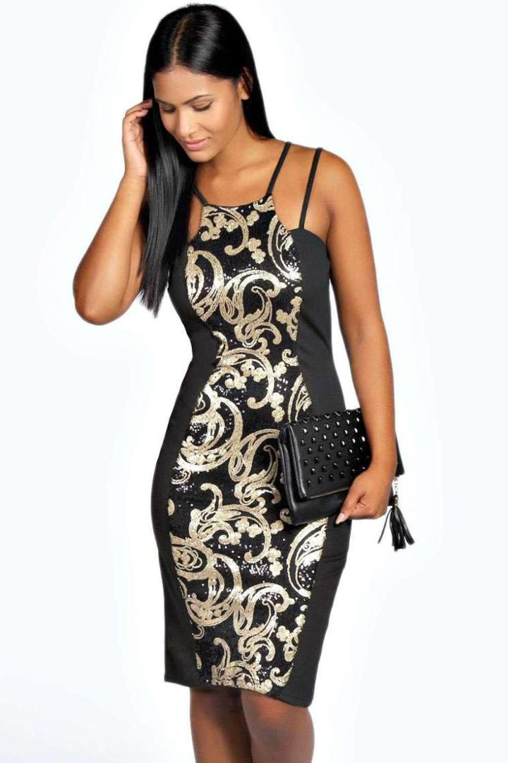 Boohoo Zoe Sequin Panel Midi Dress Black