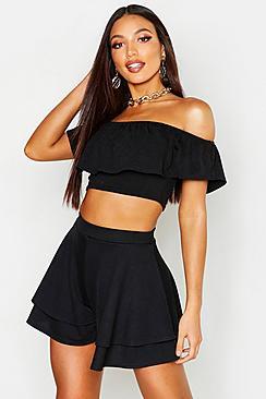 Boohoo Ruffle Off The Shoulder Crop