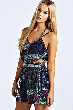 Boohoo Naomi Strappy Cut Out Moroccan Print Playsuit