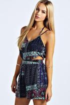 Boohoo Naomi Strappy Cut Out Moroccan Print Playsuit