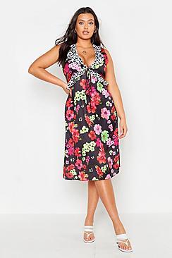 Boohoo Plus Satin Floral Mixed Ruffle Midi Dress
