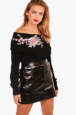 Boohoo Bethany Bardot Embroidered Jumper