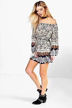 Boohoo Mirablianta Off The Shoulder Paisley Belted Dress