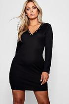Boohoo Plus Beth V Neck Popper Sleeve Bodycon Mini