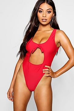 Boohoo Petite Knot Front High Leg Swimsuit