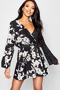 Boohoo Mixed Print Flared Sleeve Skater Dress