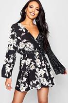 Boohoo Mixed Print Flared Sleeve Skater Dress
