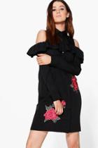 Boohoo Tall Lulu Embroidered Cold Shoulder Shift Dress Black