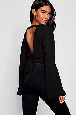 Boohoo Satin Tie Back Flare Sleeve Top