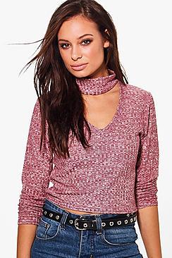 Boohoo Penelope Choker Marl Rib Knit Top