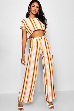 Boohoo Stripe Oversized T Shirt & Wide Leg Trousers