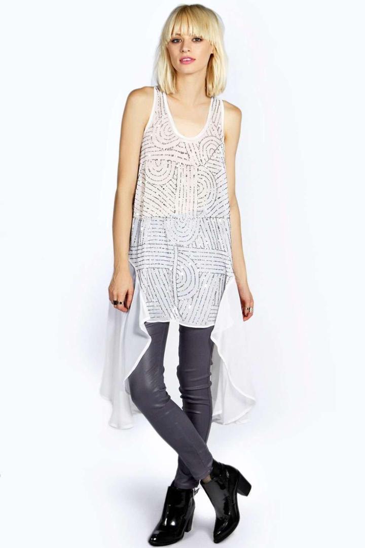 Boohoo Boutique Lucia Hanky Hem Bead Front Long Tunic Dress Ivory