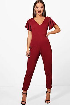 Boohoo Petite Fay Plunge Neck Frill Sleeve Jumpsuit
