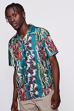 Boohoo Octopus Print Short Sleeve Viscose Revere Shirt