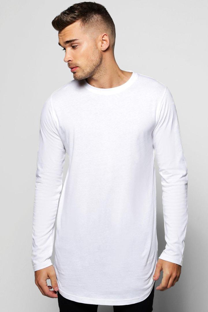 Boohoo Long Sleeve Longline T Shirt With Scoop Hem White