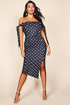 Boohoo Plus Tie Sleeve Polka Dot Button Detail Midi Dress