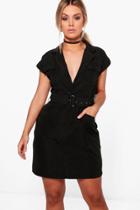 Boohoo Plus Violet Suedette Belted Utility Dress Black