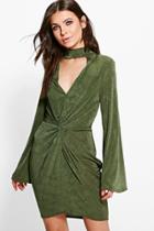 Boohoo Amy Textured Slinky Choker Knot Bodycon Dress Khaki