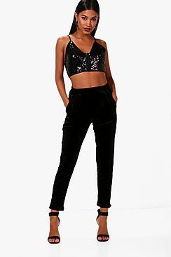 Boohoo Colette Velvet Turn Cuff Relaxed Trouser