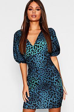 Boohoo Leopard Print Puff Sleeve Bodycon Dress