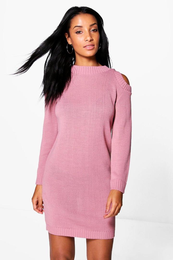 Boohoo Jemma Cold Shoulder Rib Cuff Jumper Dress Blush