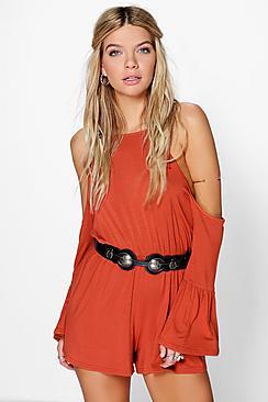 Boohoo Luna Open Shoulder Frill Sleeved Playsuit