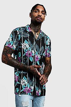 Boohoo Tropical Stripe Short Sleeve Revere Jersey Shirt