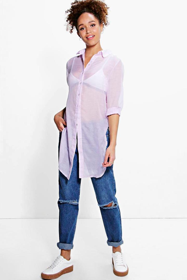 Boohoo Lucy Curve Hem Oversized Boyfriend Shirt Lilac