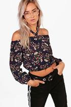 Boohoo Aria Printed Ruffle Bardot & Neck Tie