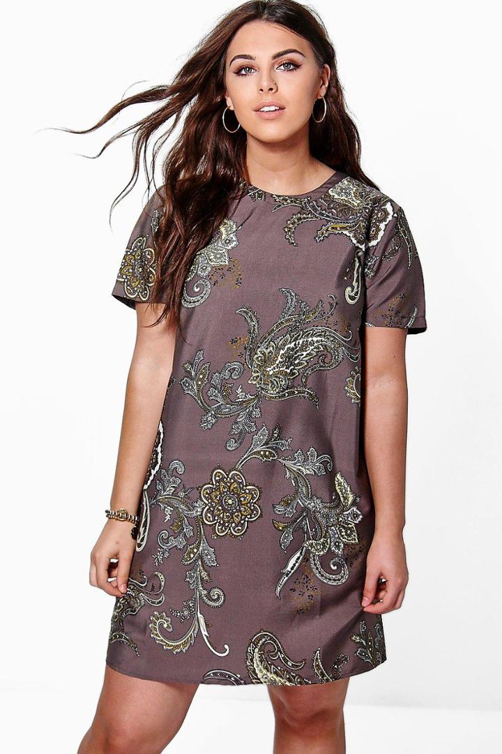 Boohoo Plus Nellie Paisley Cap Sleeve Shift Dress Grey