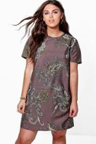 Boohoo Plus Nellie Paisley Cap Sleeve Shift Dress Grey