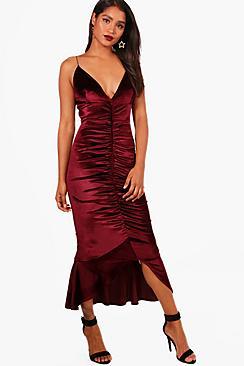 Boohoo Sophie Velvet Asymmetric Ruching Midaxi Dress