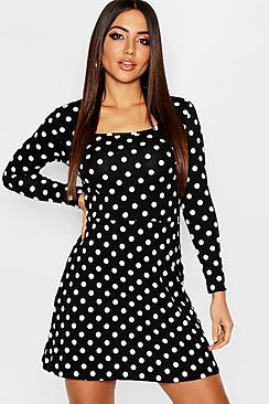 Boohoo Polka Dot Square Neck Skater Dress
