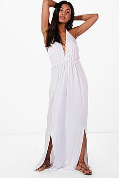 Boohoo Hollie V Neck Trim Halter Neck Maxi Dress