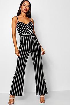 Boohoo Striped Wide Leg Belted Jumpsuit